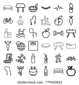 Lifestyle icons. set of 36 editable outline lifestyle icons such as porridge, table, eyelash, lipstick, barbell, bottle, family bicycle, water bottle, fit ball