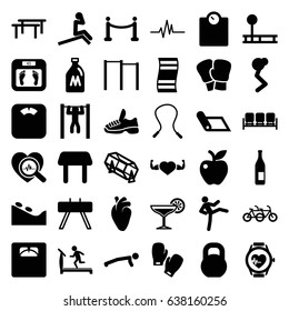 Lifestyle icons set. set of 36 lifestyle filled icons such as milk can, sofa, table, treadmill, spa stone, floor scales, lottery, apple, heart with muscles, heart organ