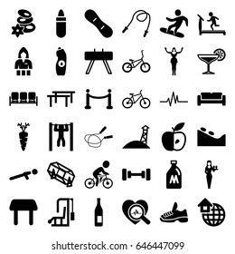 Lifestyle icons set. set of 36 lifestyle filled icons such as milk can, sofa, table, lipstick, treadmill, spa stone, barbell, jump rope, spa stones, casino girl, lottery
