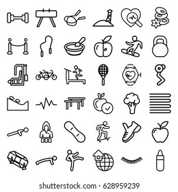 Lifestyle icons set. set of 36 lifestyle outline icons such as cauliflower, towels, porridge, eyelash, lipstick, treadmill, spa stone, barbell, jump rope, spa stones, apple