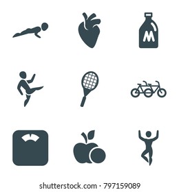 Lifestyle icons. set of 9 editable filled lifestyle icons such as milk can, family bicycle, floor scales, tennis rocket, apple, man doing exercises