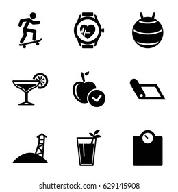 Lifestyle icons set. set of 9 lifestyle filled icons such as apple, heartbeat watch, cocktail, skateboard, observation military tower, fit ball, carpet