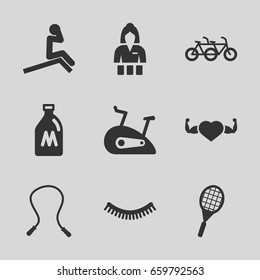 Lifestyle icons set. set of 9 lifestyle filled icons such as milk can, eyelash, casino girl, heart with muscles, tennis rocket, exercise bike, skipping rope, family bicycle