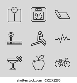 Lifestyle icons set. set of 9 lifestyle outline icons such as floor scales, apple, bicycle, heartbeat, cocktail, fintess equipment, man doing exercises, carpet
