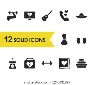 Lifestyle icons set with bodybuilder, monitor and heart case elements. Set of lifestyle icons and cake concept. Editable vector elements for logo app UI design.