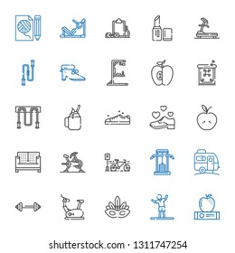 lifestyle icons set. Collection of lifestyle with apple, stretching, eye mask, stationary bike, barbell, caravan, gym station, bicycle. Editable and scalable lifestyle icons.