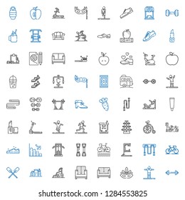 lifestyle icons set. Collection of lifestyle with barbell, stretching, eye mask, sofa, treadmill, proteins, paddles, bicycle, jumping rope. Editable and scalable lifestyle icons.