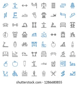 lifestyle icons set. Collection of lifestyle with gym station, shoes, paddles, smoothie, stretching, bike, bicycle, stationary bike, fashion. Editable and scalable lifestyle icons.
