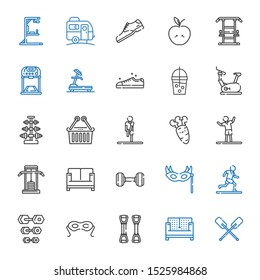 lifestyle icons set. Collection of lifestyle with paddles, sofa, chest expander, eye mask, dumbbell, running, gym station, stretching, carrot. Editable and scalable lifestyle icons.