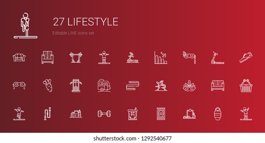 lifestyle icons set. Collection of lifestyle with workout, carpet, dumbbell, proteins, jumping rope, stretching, eye mask, stationary bike. Editable and scalable lifestyle icons.