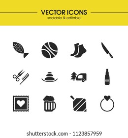Lifestyle icons set with fish, post stamp and ring elements. Set of lifestyle icons and blade concept. Editable vector elements for logo app UI design.