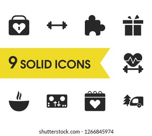 Lifestyle icons set with gift, dumbbell and soup elements. Set of lifestyle icons and travel concept. Editable vector elements for logo app UI design.