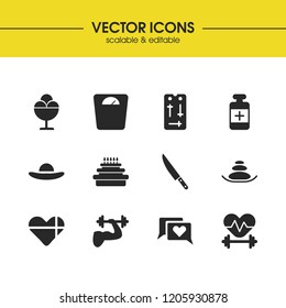 Lifestyle icons set with heart chat, exercise and remote controller elements. Set of lifestyle icons and weight scale concept. Editable vector elements for logo app UI design.