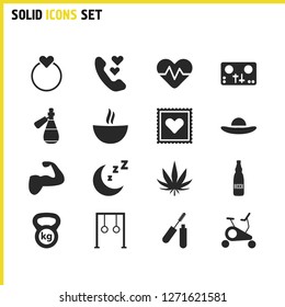 Lifestyle icons set with hemp, ale and muscle elements. Set of lifestyle icons and hatband concept. Editable vector elements for logo app UI design.