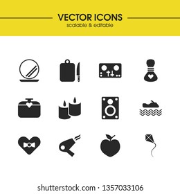 Lifestyle icons set with kite, bag with heart and perfume elements. Set of lifestyle icons and vanity concept. Editable vector elements for logo app UI design.