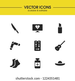 Lifestyle icons set with lipstick, remote controller and boomerang elements. Set of lifestyle icons and pomade concept. Editable vector elements for logo app UI design.