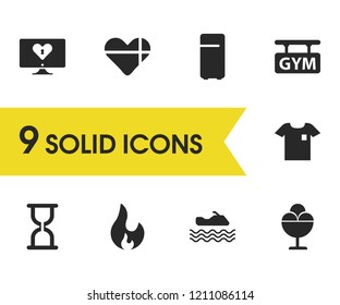 Lifestyle icons set with signboard, water bike and hourglass elements. Set of lifestyle icons and gym concept. Editable vector elements for logo app UI design.