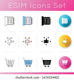 Lifestyle icons set. Work list in ipen notebook. Recommendation and review rating. Shopping cart. Grocery checkout. Linear, black and RGB color styles. Isolated vector illustrations