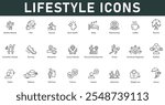 Lifestyle Icons vector illustration with thin line editable stroke contains diet healthy lifestyle exercise brain health sleep relationship routine leisure weight loss wellness habits fit