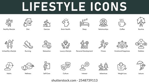 Lifestyle Icons vector illustration with thin line editable stroke contains diet healthy lifestyle exercise brain health sleep relationship routine leisure weight loss wellness habits fit