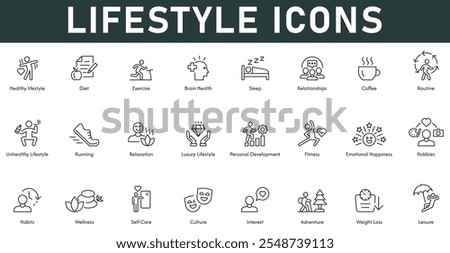 Lifestyle Icons vector illustration with thin line editable stroke contains diet healthy lifestyle exercise brain health sleep relationship routine leisure weight loss wellness habits fit