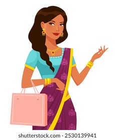 lifestyle illustration of a beautiful Indian woman wearing colorful traditional saree and jewels, holding a shopping bag and gesturing. Isolated on white.