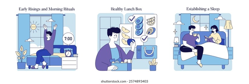 Lifestyle illustration focusing on morning routines and evening practices. It highlights key elements such as waking up early, preparing healthy meals, and establishing restful habits. Each scene