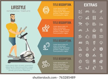 Lifestyle infographic options template, elements and icons. Infograph includes line icon set with healthy and fast food, sport exercise, training machine, leisure activities, transport vehicle etc.