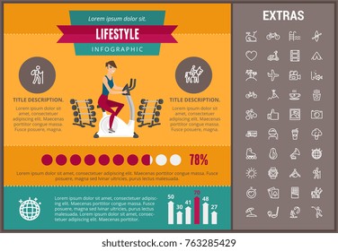 Lifestyle infographic template, elements and icons. Infograph includes customizable graphs, charts, line icon set with healthy food, sport exercise, media, training machine, leisure activities etc.
