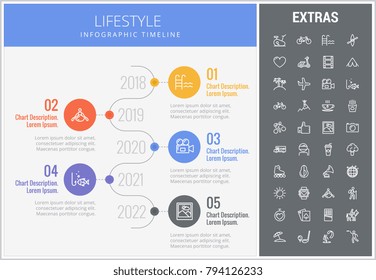 Lifestyle infographic timeline template, elements and icons. Infograph includes numbered options with years, line icon set with healthy food, sport exercise, training machine, leisure activities etc.