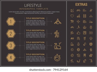 Lifestyle infographic timeline template, elements and icons. Infograph includes numbered options, line icon set with healthy food, sport exercise, media, training machine, leisure activities etc.