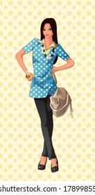 Lifestyle of Joyful People - relaxed standing pose for the camera with a cute & happy smiling young female isolated on a background of yellow wallpaper with dot & star patterns : vector illustration