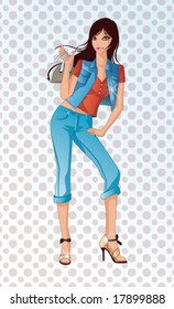 Lifestyle of Joyful People - relaxed standing pose for the camera with an attractive and charming young female isolated on a background of bright blue wallpaper with dot patterns : vector illustration