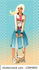 Lifestyle of Joyful People - relaxed standing pose for the camera with an attractive and happy smiling young female isolated on a background of blue wallpaper with star patterns : vector illustration