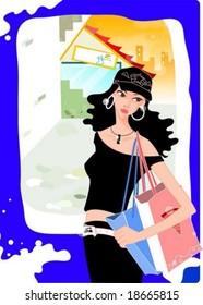 Lifestyle of Joyful People - relaxed standing pose for the camera with an attractive and chic young female on the city street on a background of romantic cityscape : vector illustration