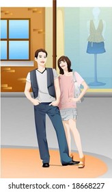 Lifestyle of Joyful People - relaxed standing pose for the camera with attractive & happy smiling young couple on the street on a background of show window with department store : vector illustration