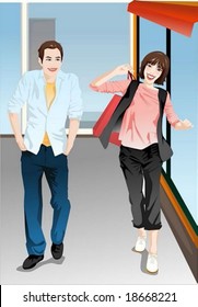 Lifestyle of Joyful People - relaxed walking pose for the camera with attractive and happy smiling young couple on the city street on a background of department store : vector illustration