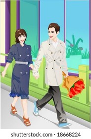 Lifestyle of Joyful People - relaxed walking pose for the camera with attractive and happy smiling young couple on the street on a background of show window with department store : vector illustration