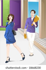 Lifestyle of Joyful People - relaxed walking pose for the camera with attractive and happy smiling young couple on the street on a background of show window with department store : vector illustration