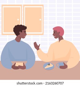 The lifestyle of LGBTQ+ couples. An international gay couple is sitting in their kitchen, drinking tea and talking. Family life. Love is love. Friends' coffee party.Flat vector illustration