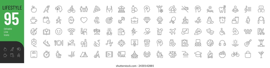 Conjunto de iconos editables de línea de estilo de vida. Ilustración vectorial en estilo de línea delgada moderna de la vida humana iconos relacionados: nutrición, entretenimiento, desarrollo personal, rutina diaria, y más. 