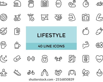 Lifestyle line icons set. Healthy lifestyle symbols. Happiness, diet, exercise, game, fitness, music, sleep, relationships and more, Editable Thin icon vector collections.