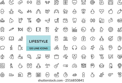 Conjunto de iconos de línea de estilo de vida. Símbolos de estilo de vida saludable. Felicidad, dieta, ejercicio, juego, fitness, música, sueño, relaciones y más, colecciones de Vector de íconos delgados editables.