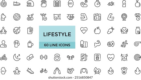 Lifestyle line icons set. Healthy lifestyle symbols. Happiness, diet, exercise, game, fitness, music, sleep, relationships and more, Editable Thin icon vector collections.