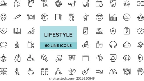 Lifestyle line icons set. Healthy lifestyle symbols. Happiness, diet, exercise, game, fitness, music, sleep, relationships and more, Editable Thin icon vector collections.