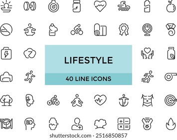 Lifestyle line icons set. Healthy lifestyle symbols. Happiness, diet, exercise, game, fitness, music, sleep, relationships and more, Editable Thin icon vector collections.