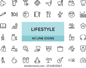Lifestyle line icons set. Healthy lifestyle symbols. Happiness, diet, exercise, game, fitness, music, sleep, relationships and more, Editable Thin icon vector collections.