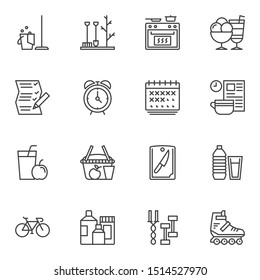 Lifestyle line icons set. linear style symbols collection, outline signs pack. vector graphics. Set includes icons as alarm clock, shopping basket, calendar, cooking oven, healthy food, fitness, sport