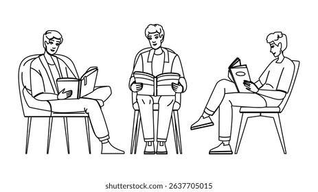 lifestyle man reading chair vector. home person, indoors one, sitting relax lifestyle man reading chair character. people black line pencil drawing illustration