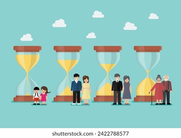 Lifestyle metaphor of growing old in a sandglass conceptual. Time of young to senior people. Vector illustration